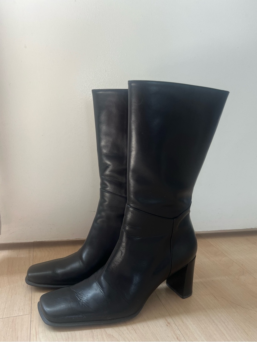 Via Spiga Black Leather Mid-Calf Square-Toe Block Heel Boots